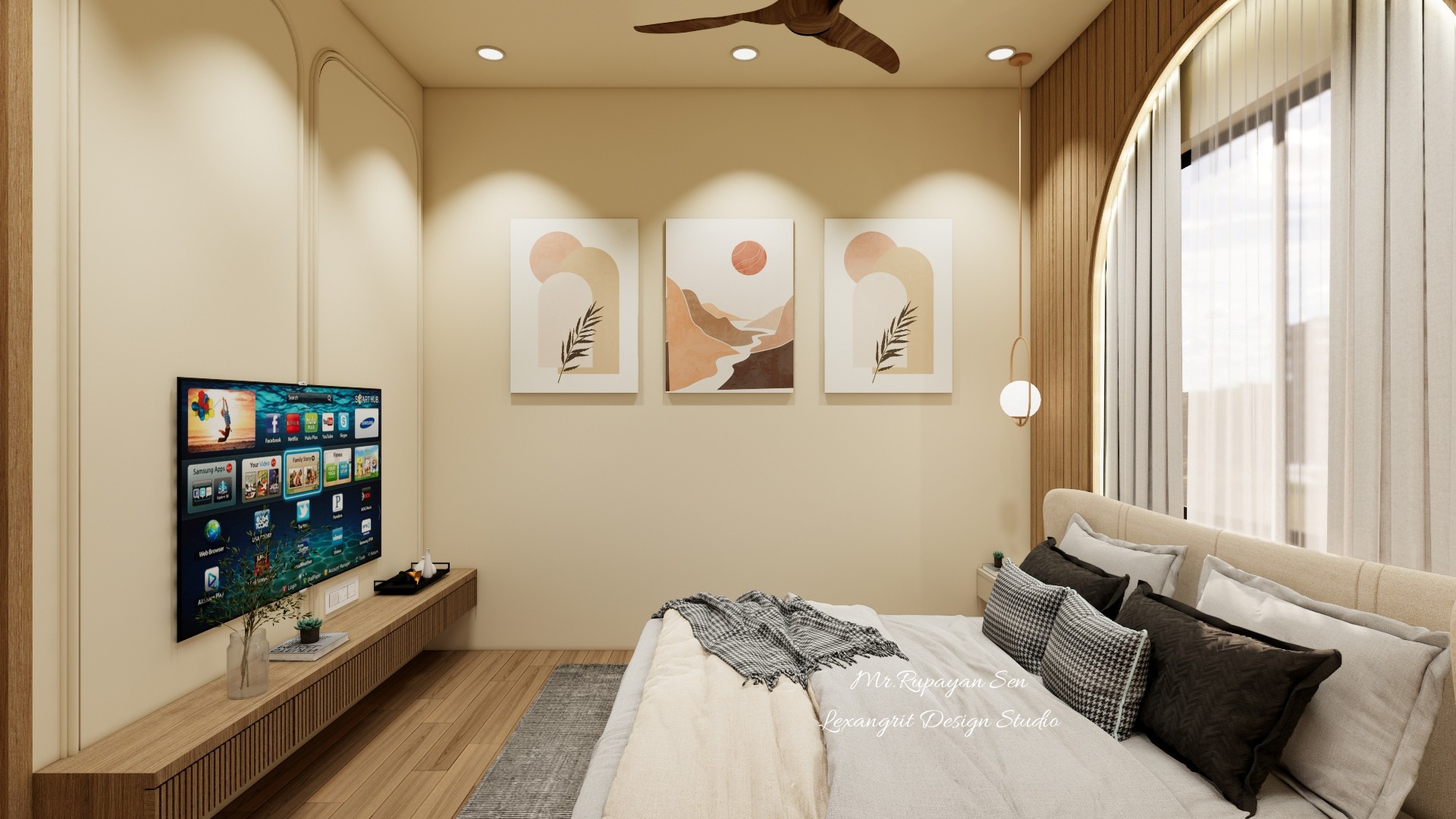 Dimensioned media wall elevation with a television set between an entry door and curved wall panels.