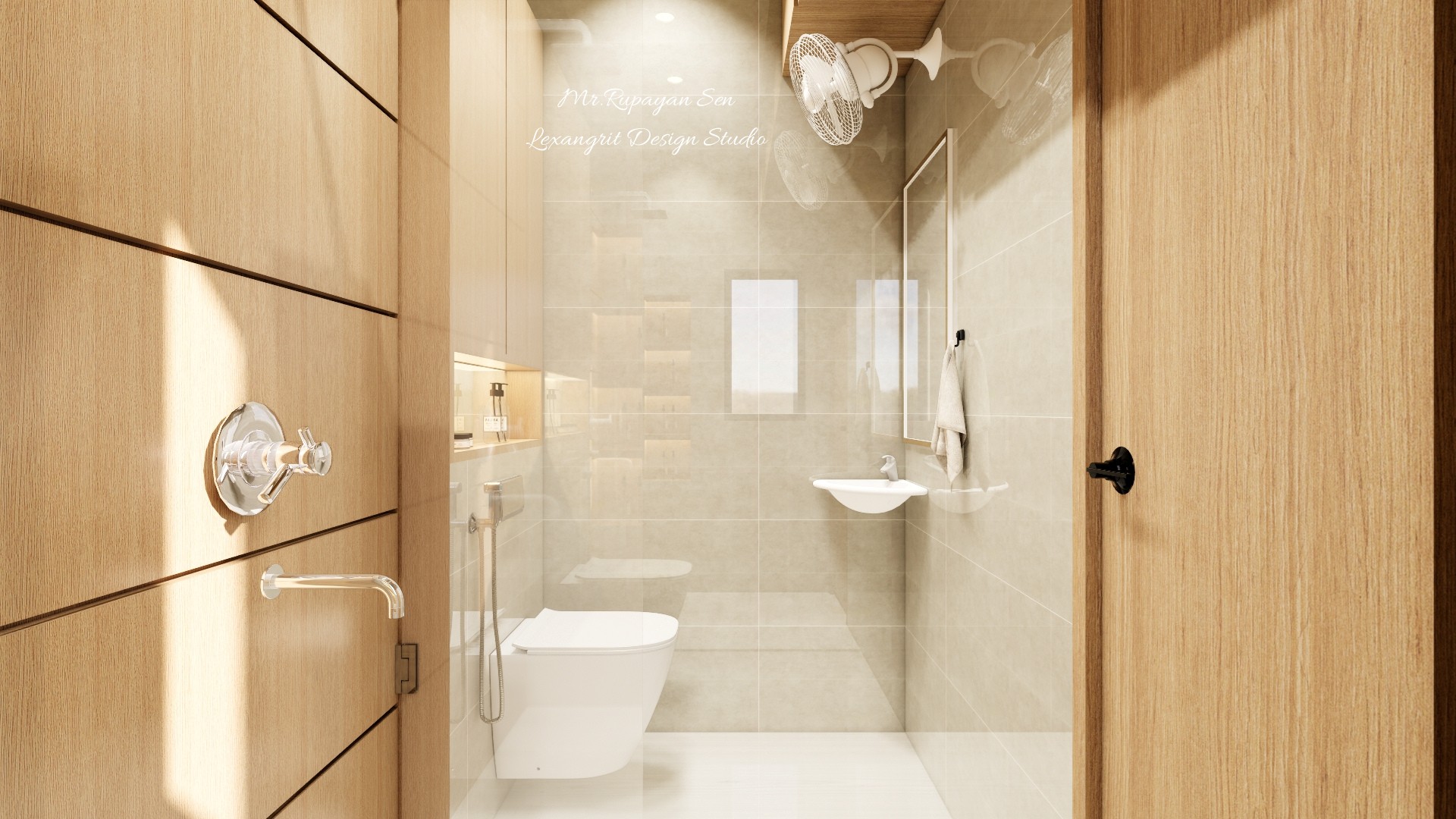 Narrow bathroom render with a wall hung toilet, small basin, wood doors, and large pale tiles.
