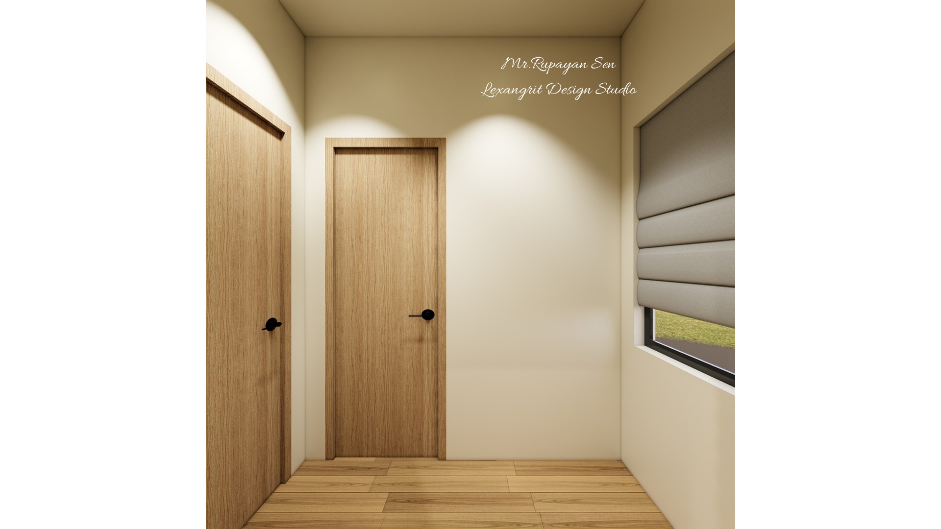 Bright neutral passage with two light wood doors, a wide roller shade, and pale oak flooring.