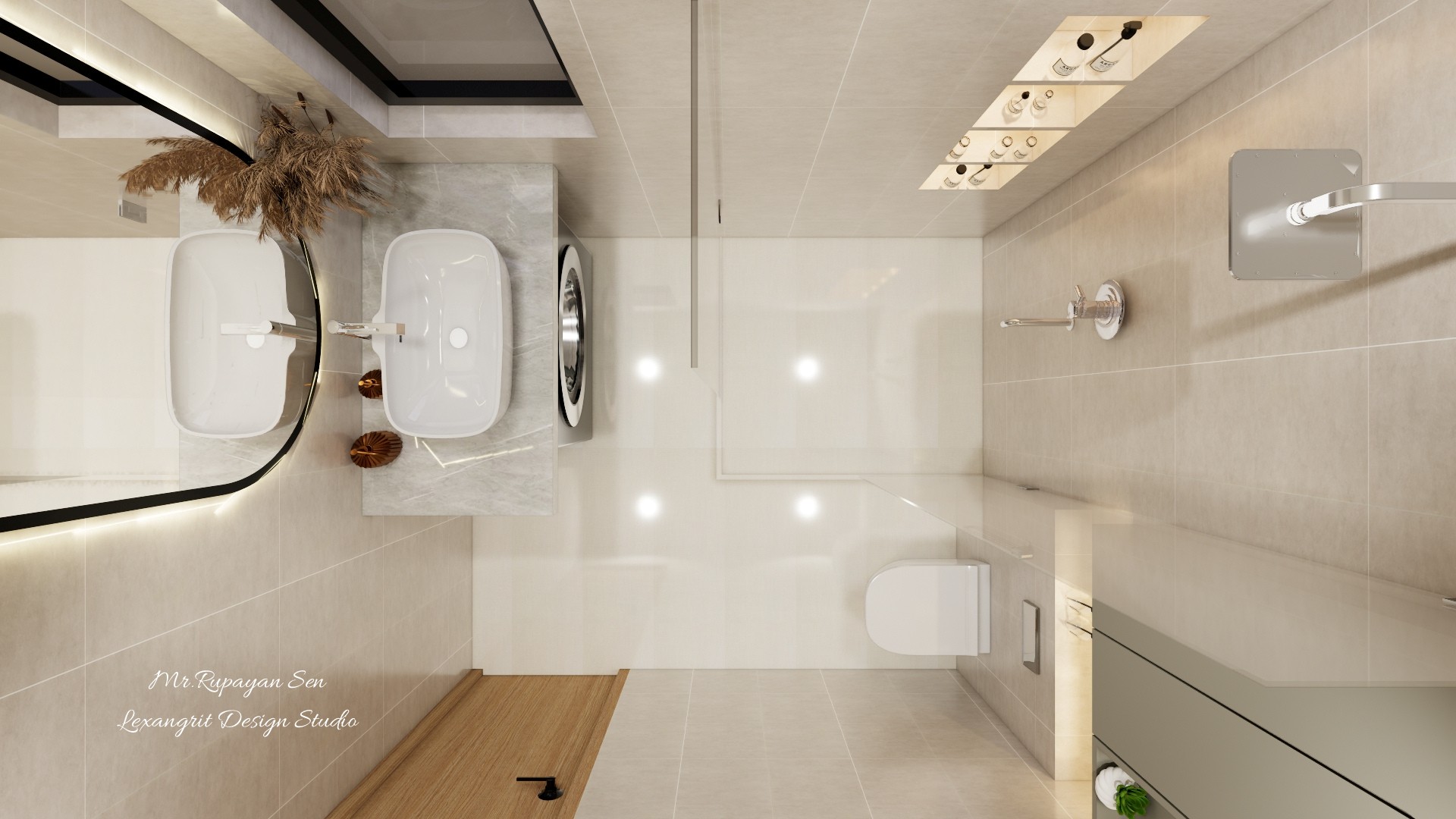Overhead bathroom rendering with a white basin, mirror, toilet, recessed ceiling lights, and pale tile.