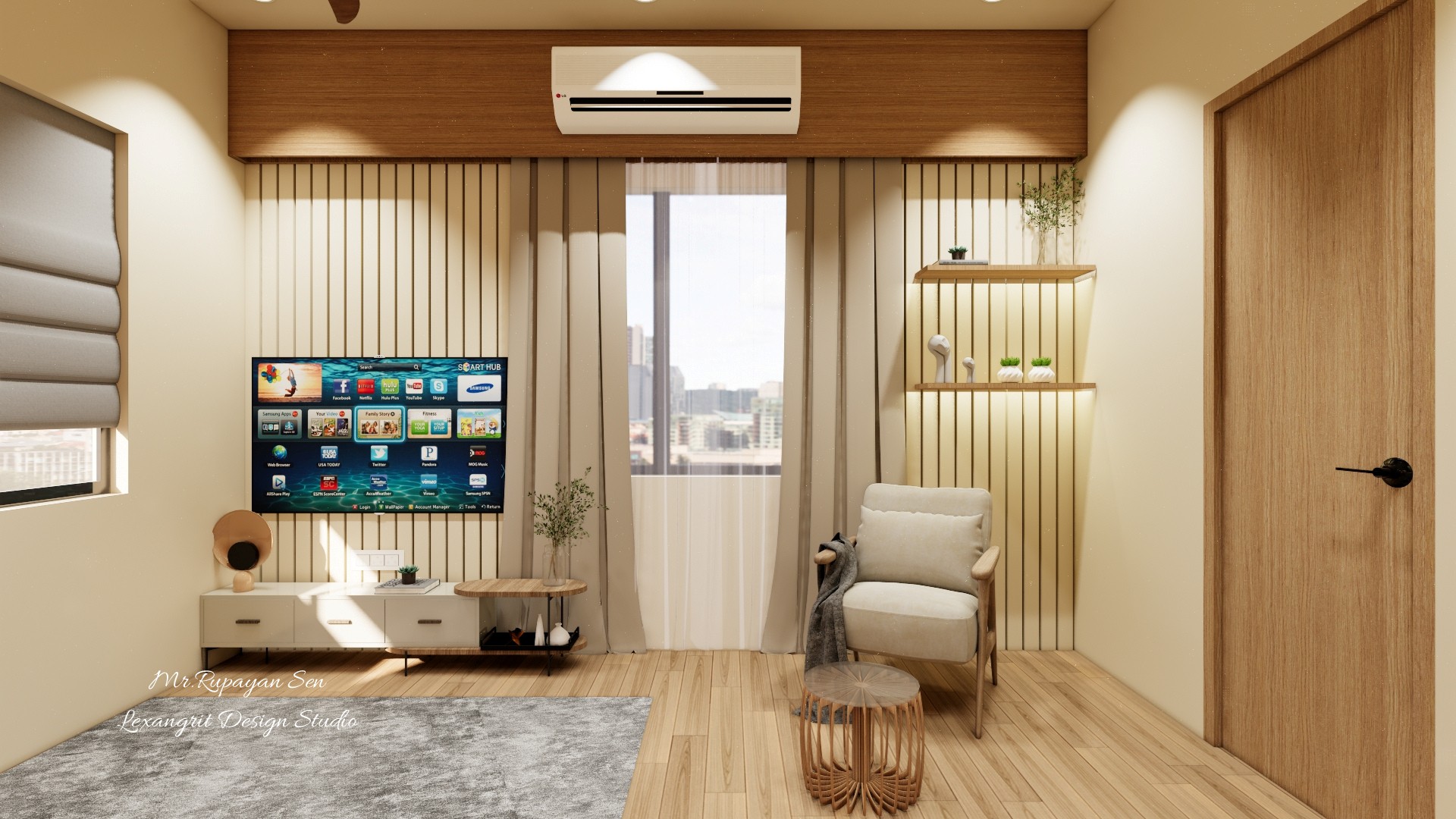 Parent bedroom with pale bedding, wood slat panels, television console, lounge chair, and daylight curtains.