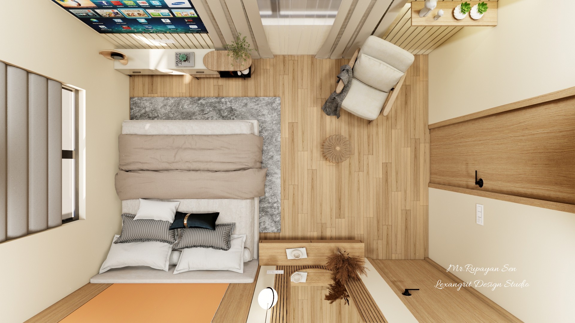 Overhead parent bedroom with a pale bed, gray rug, wood floor, lounge chair, and wall mounted television.