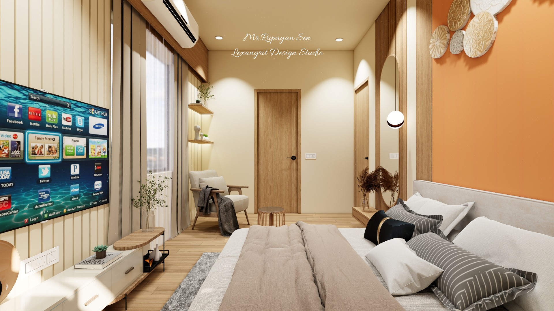 Parent bedroom from the opposite side with a pale bed, orange wall panel, television console, and wood floor.