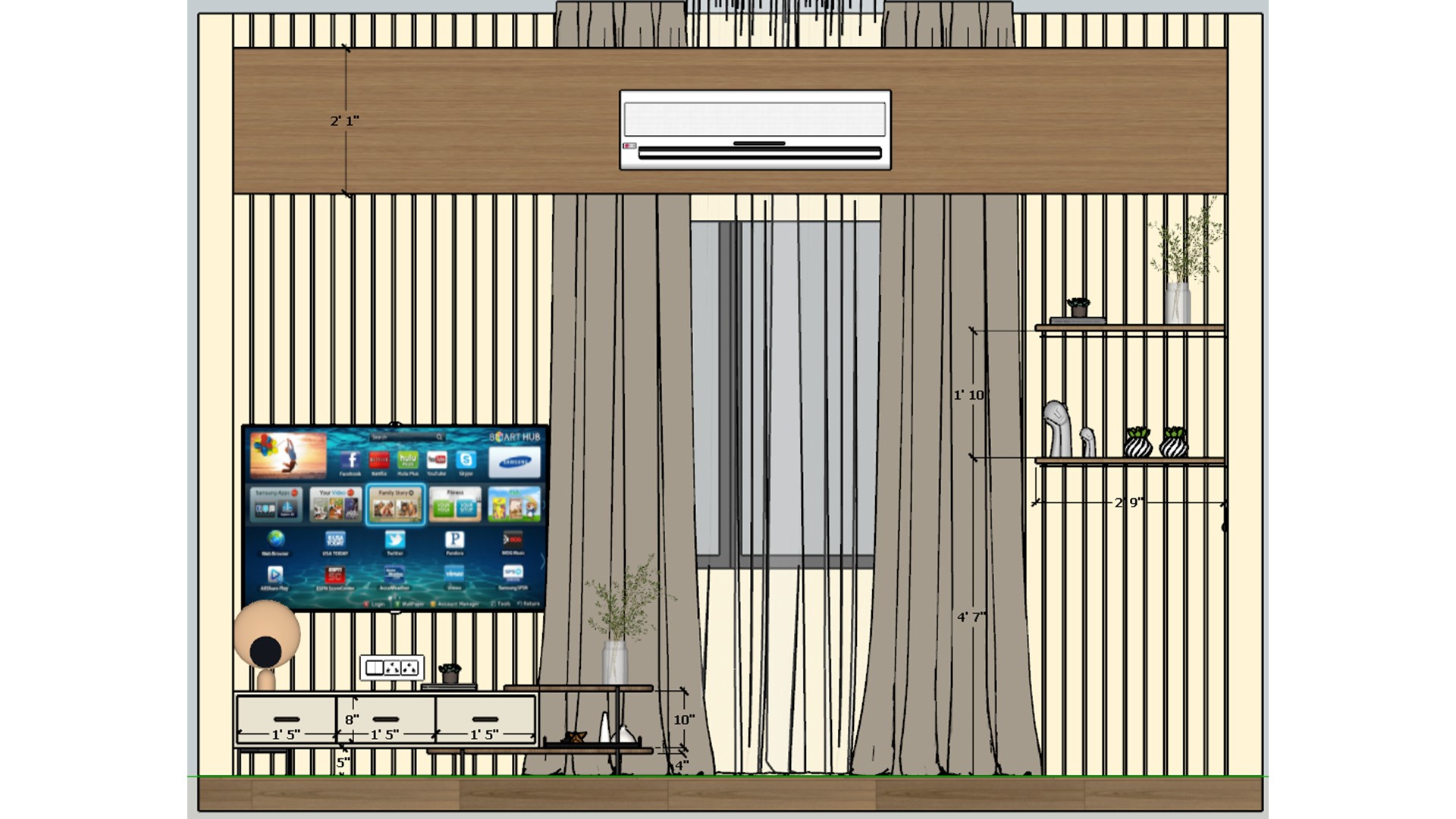 Measured bedroom elevation with a television, curtains, wood wall panel, and low storage console.