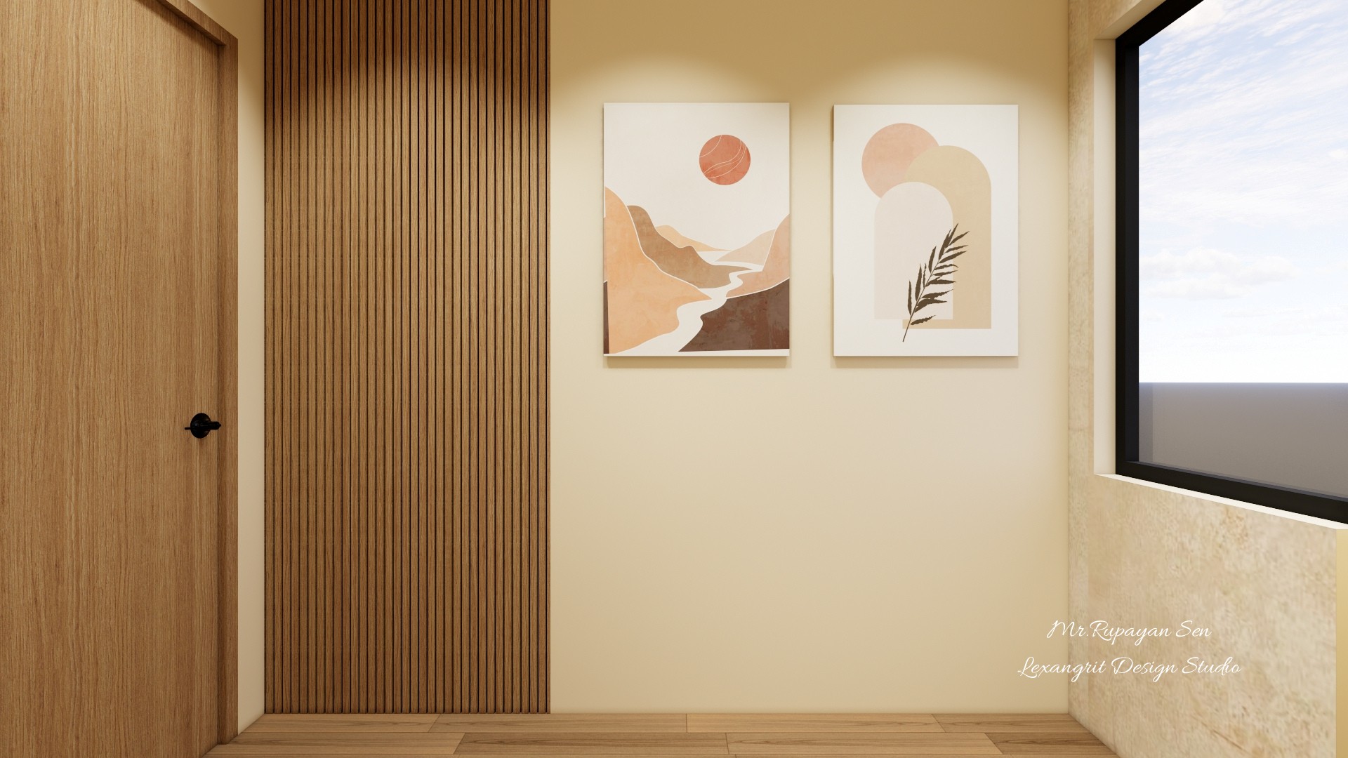 Hallway feature wall with a light wood door, vertical slats, two abstract prints, and a large window.