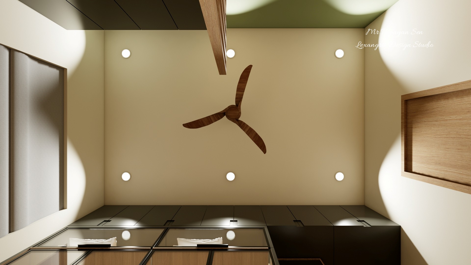 Upward study view with a central fan, recessed lights, dark wardrobe cabinets, and green ceiling accents.
