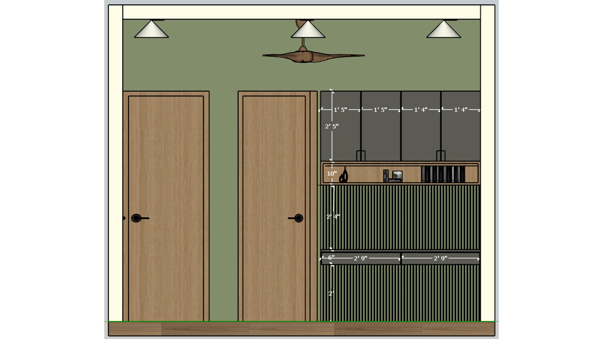 Measured study elevation with two wood doors, green wall panels, upper cabinets, and a built in desk.