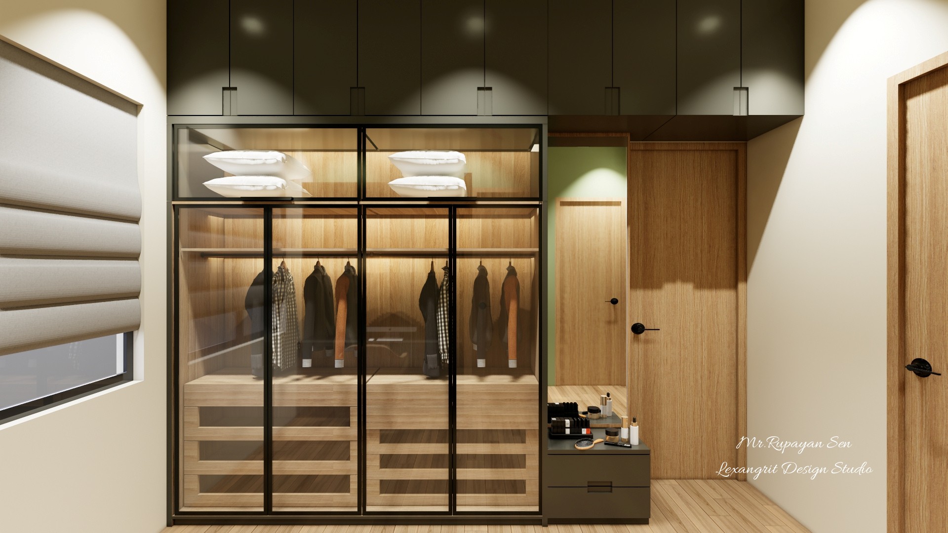 Dark upper cabinets above glass wardrobes with a wood door and pale dressing counter.