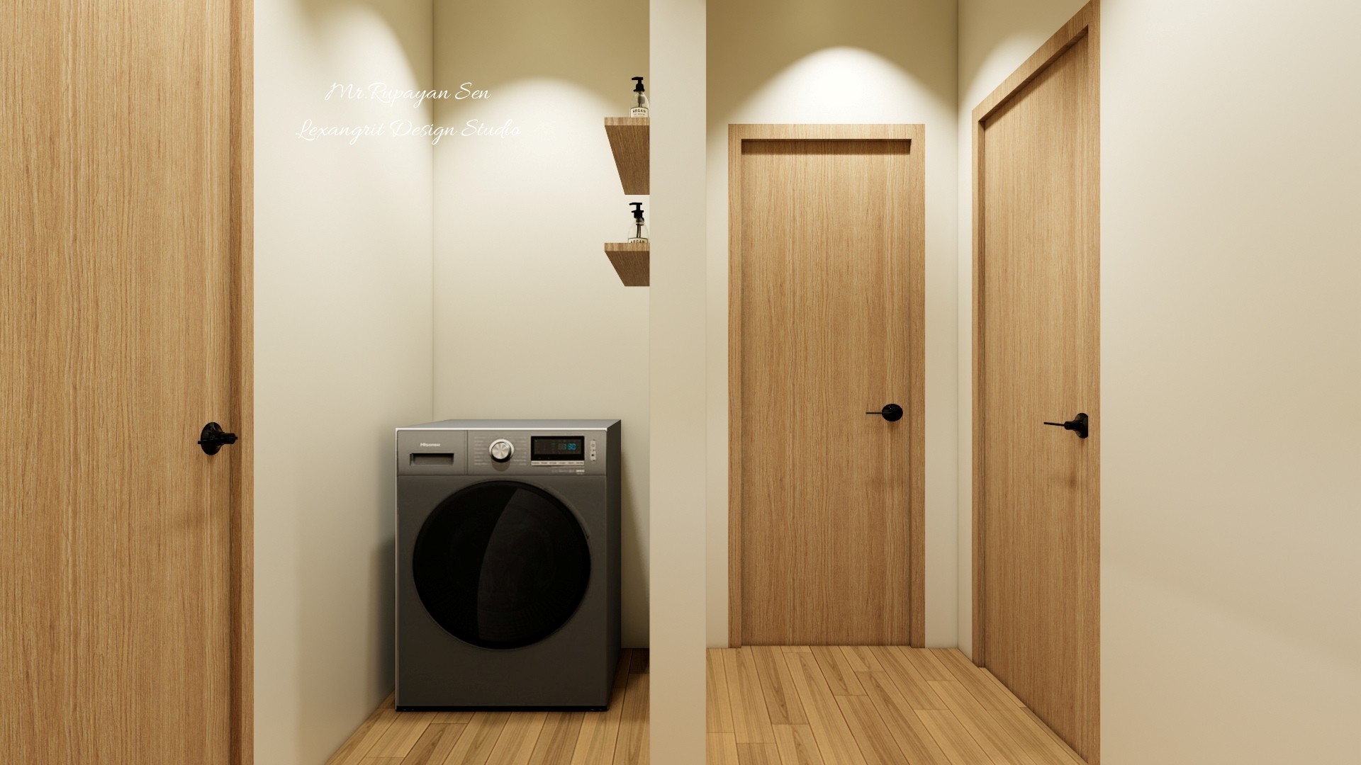 Separate laundry room with a front-load washing machine, wooden floating shelves, and a wooden floor passage leading to two wooden flush doors with black handles