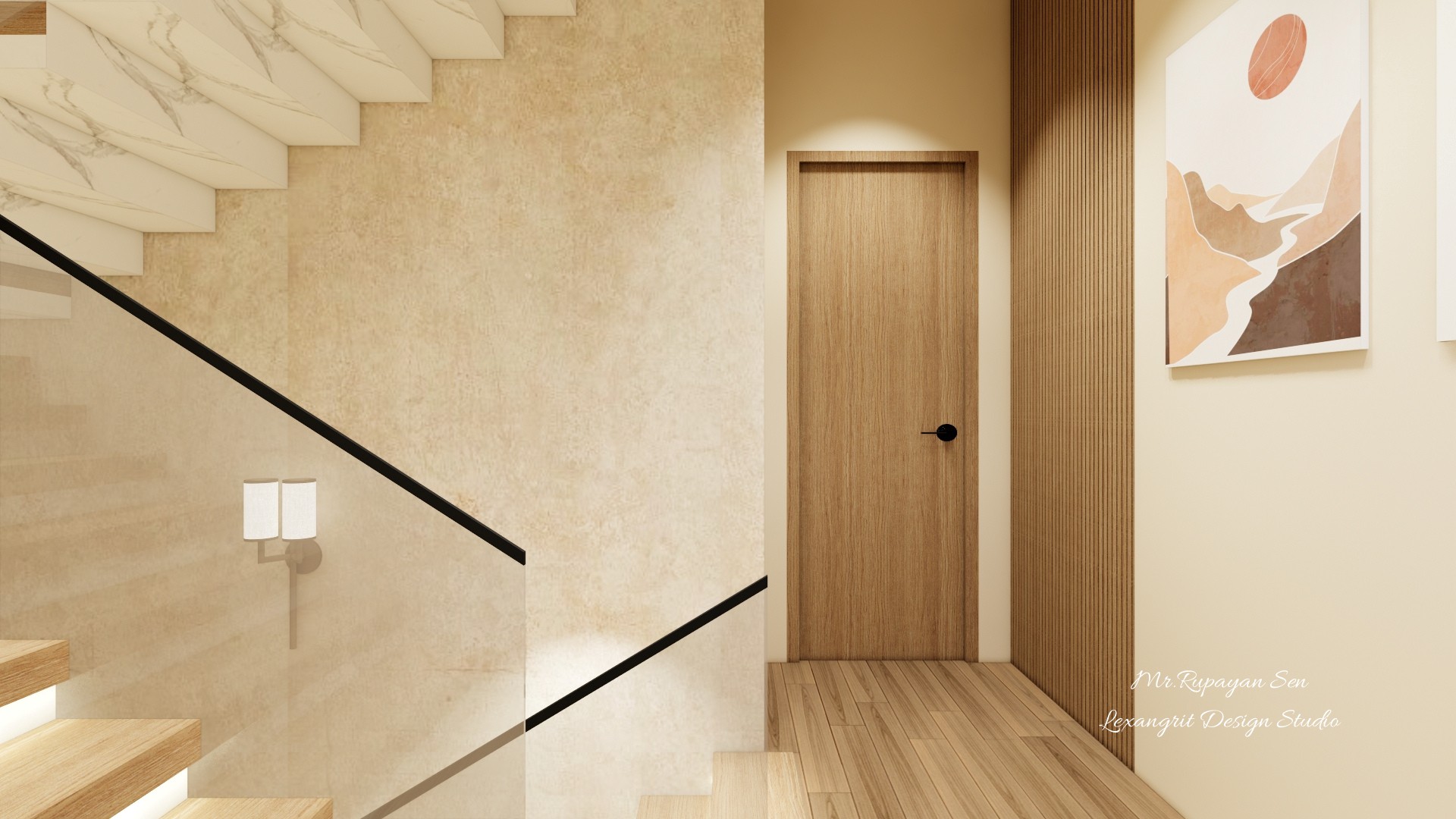 Pale stone stairwell with light wood steps, a black handrail, a framed abstract print, and a wood door.