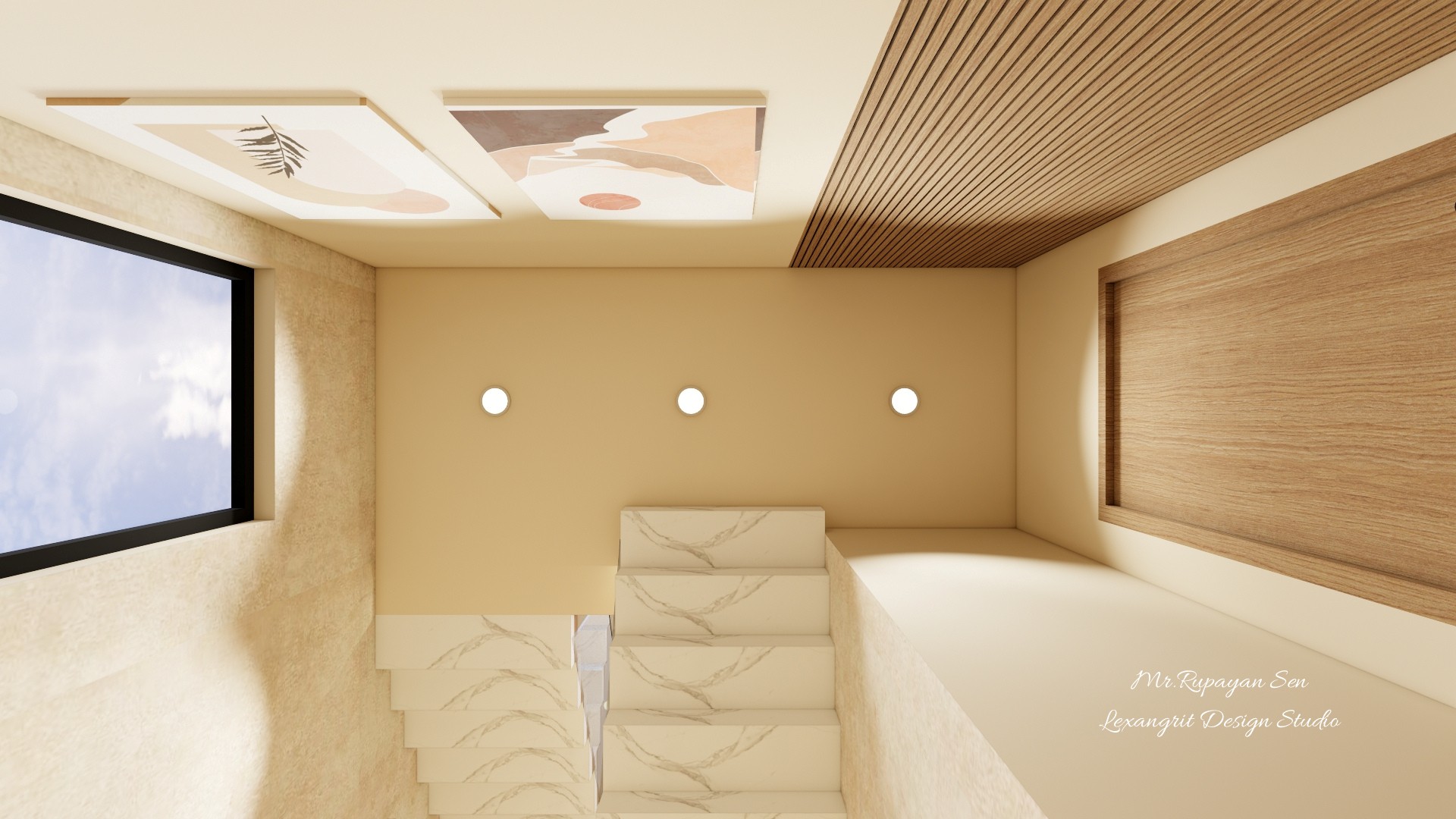 Upward stairwell view with framed ceiling artwork, recessed lights, wood panels, and pale textured walls.