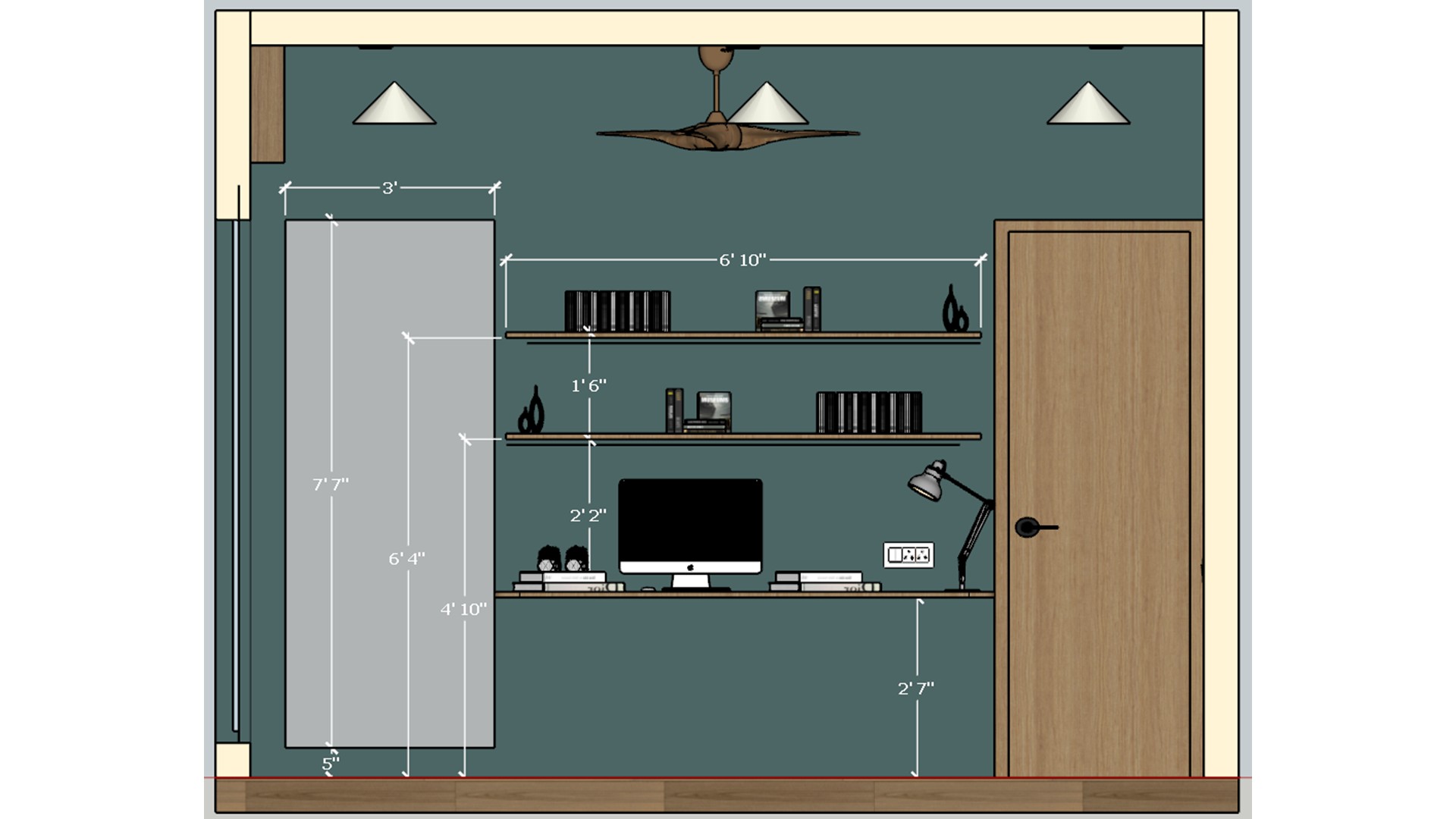 Measured study wall elevation shows a computer desk, floating shelves, ceiling lights, and a wood door.