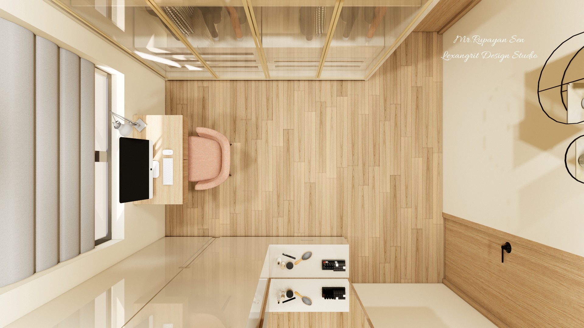 Study and wardrobe room with glass front closets, hanging clothes, a wood desk, and warm shelf lighting.