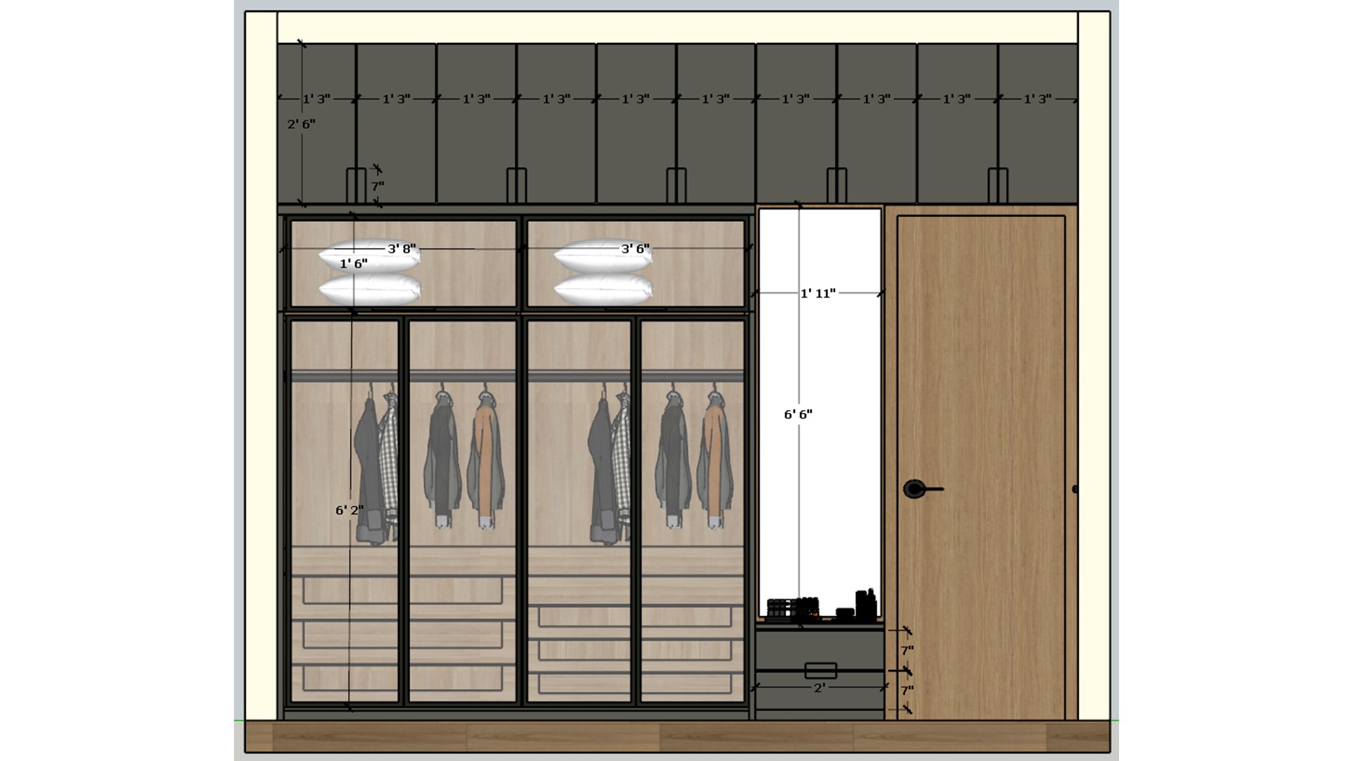 Dimensioned wardrobe elevation with dark overhead cabinets, glass clothing storage, drawers, and wood door.