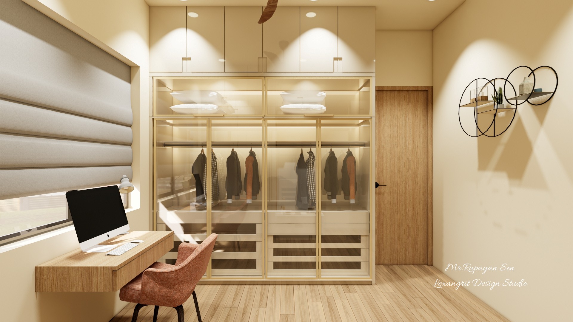 Measured wardrobe elevation with glass front compartments, hanging rails, drawers, upper cabinets, and wood door.