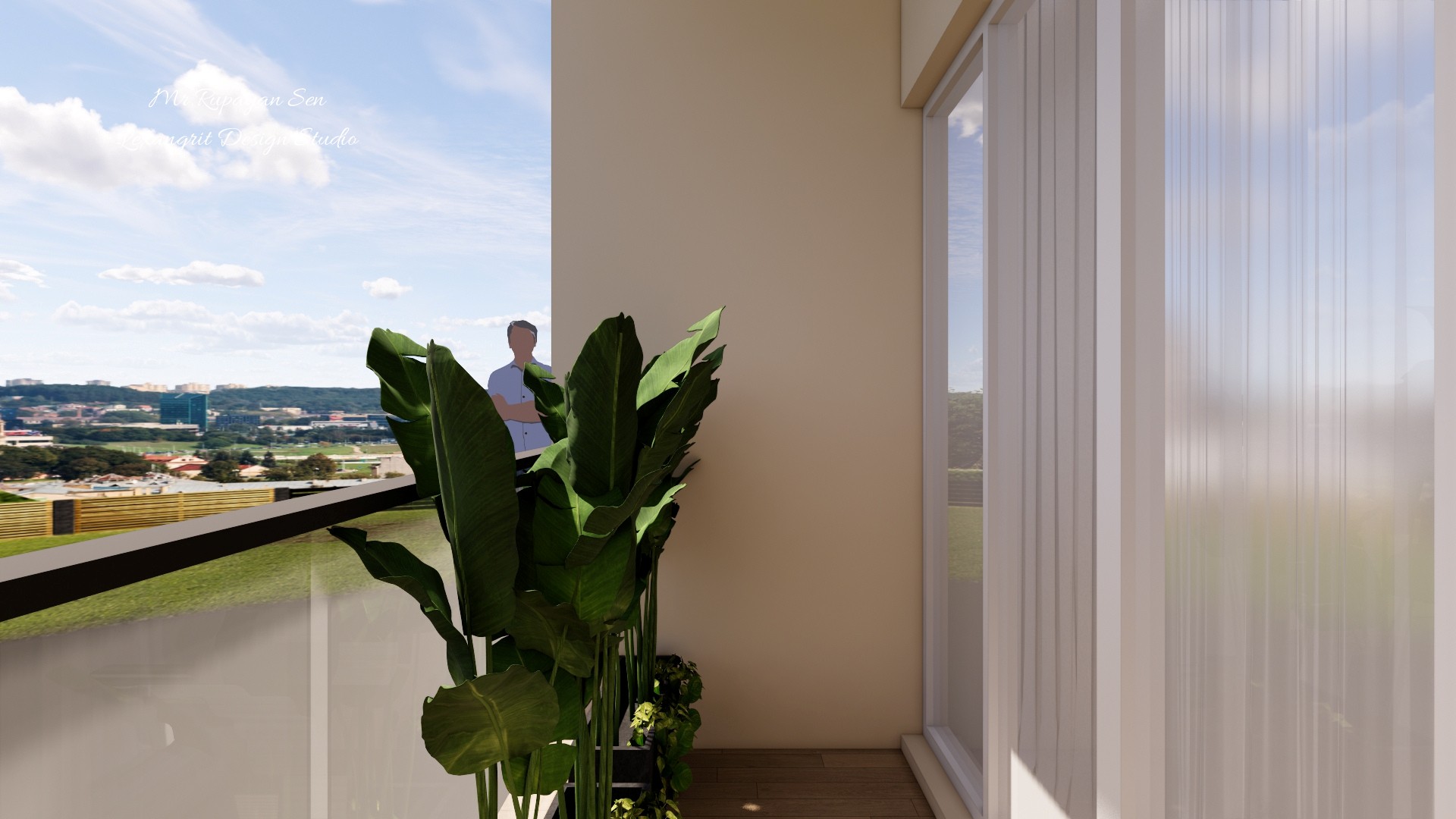 Sunlit balcony corner with a large leafy potted plant, clear railing, pale walls, and sliding curtains.