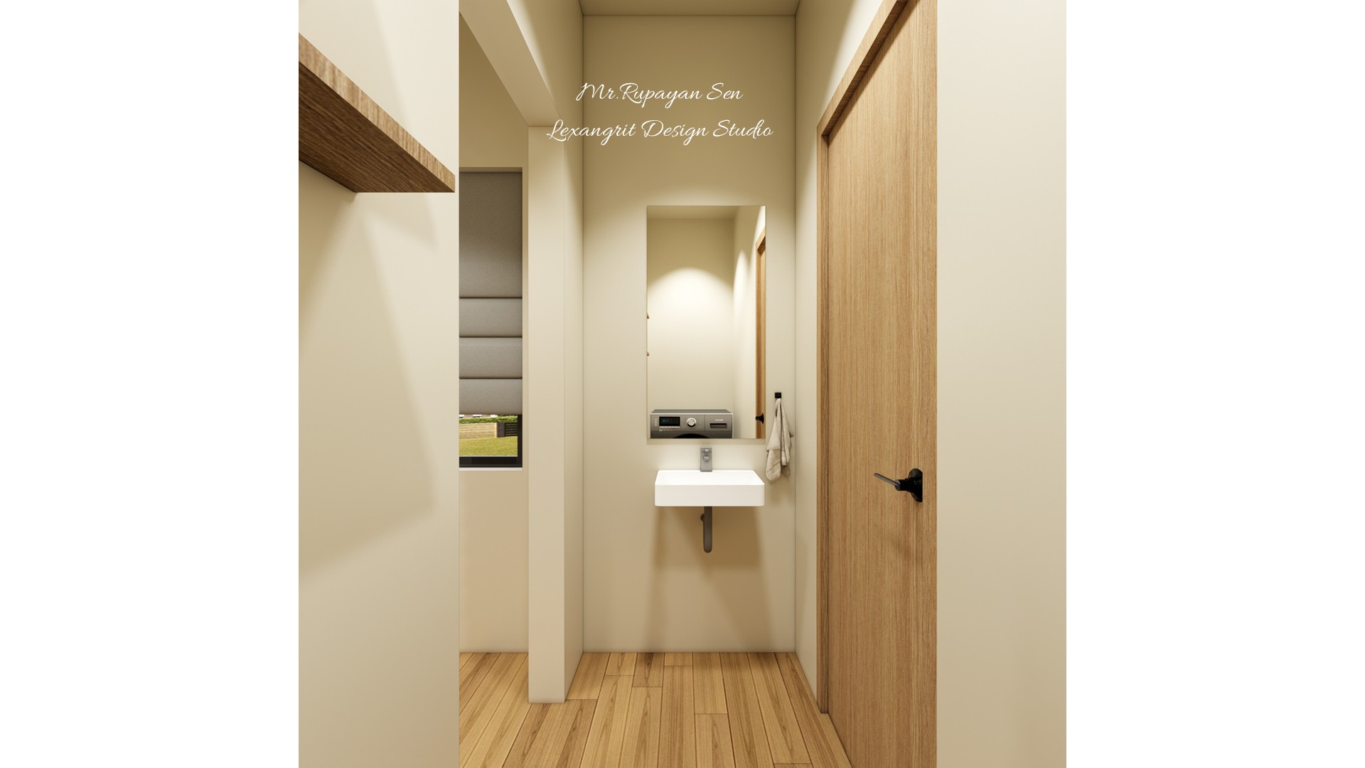 Small utility passage with a floating white basin, wood door, wall shelf, and golden timber floor.
