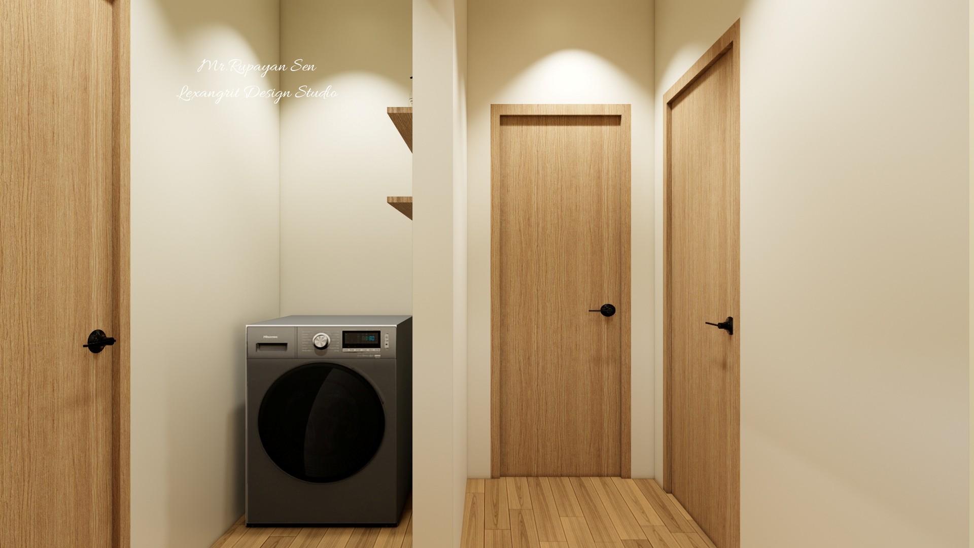 Narrow utility hall places a front loading washer beside two wood doors and floating wall shelves.