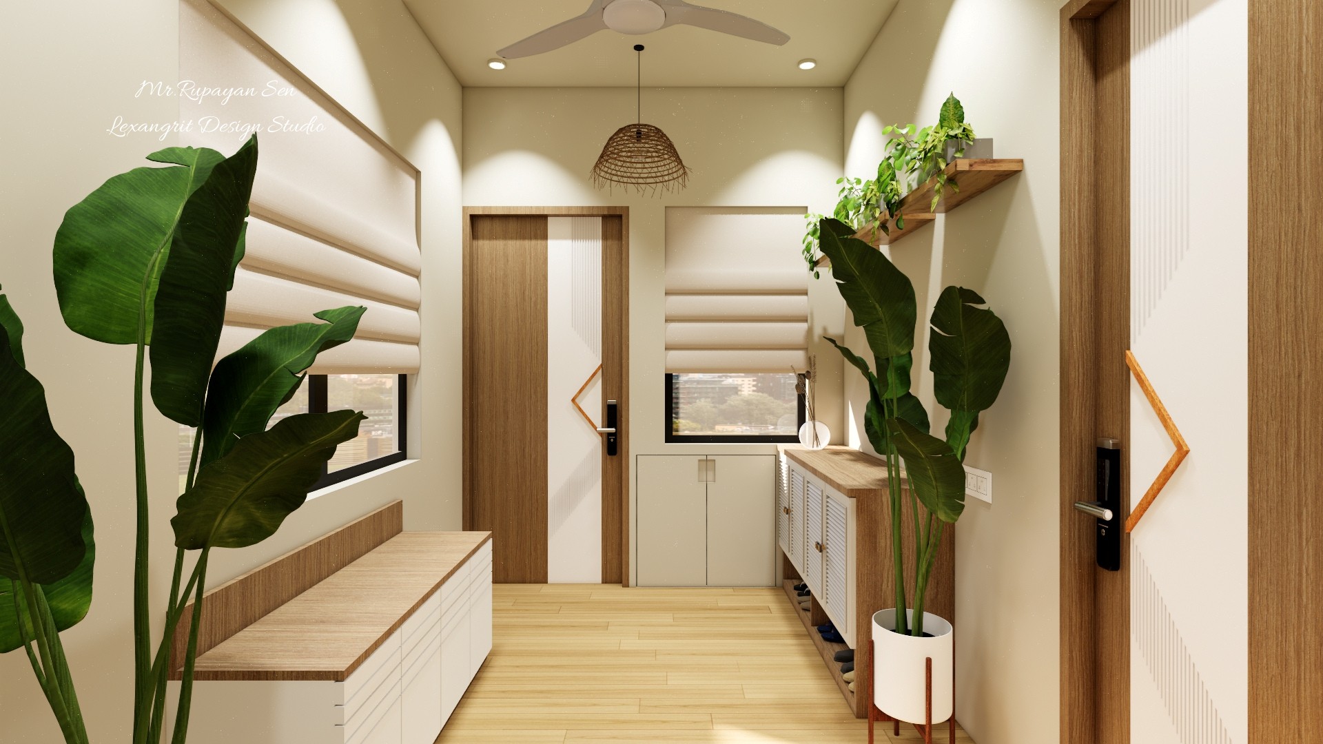 Wood floored entry passage with white storage bench, potted foliage, roller shades, and warm recessed lighting.