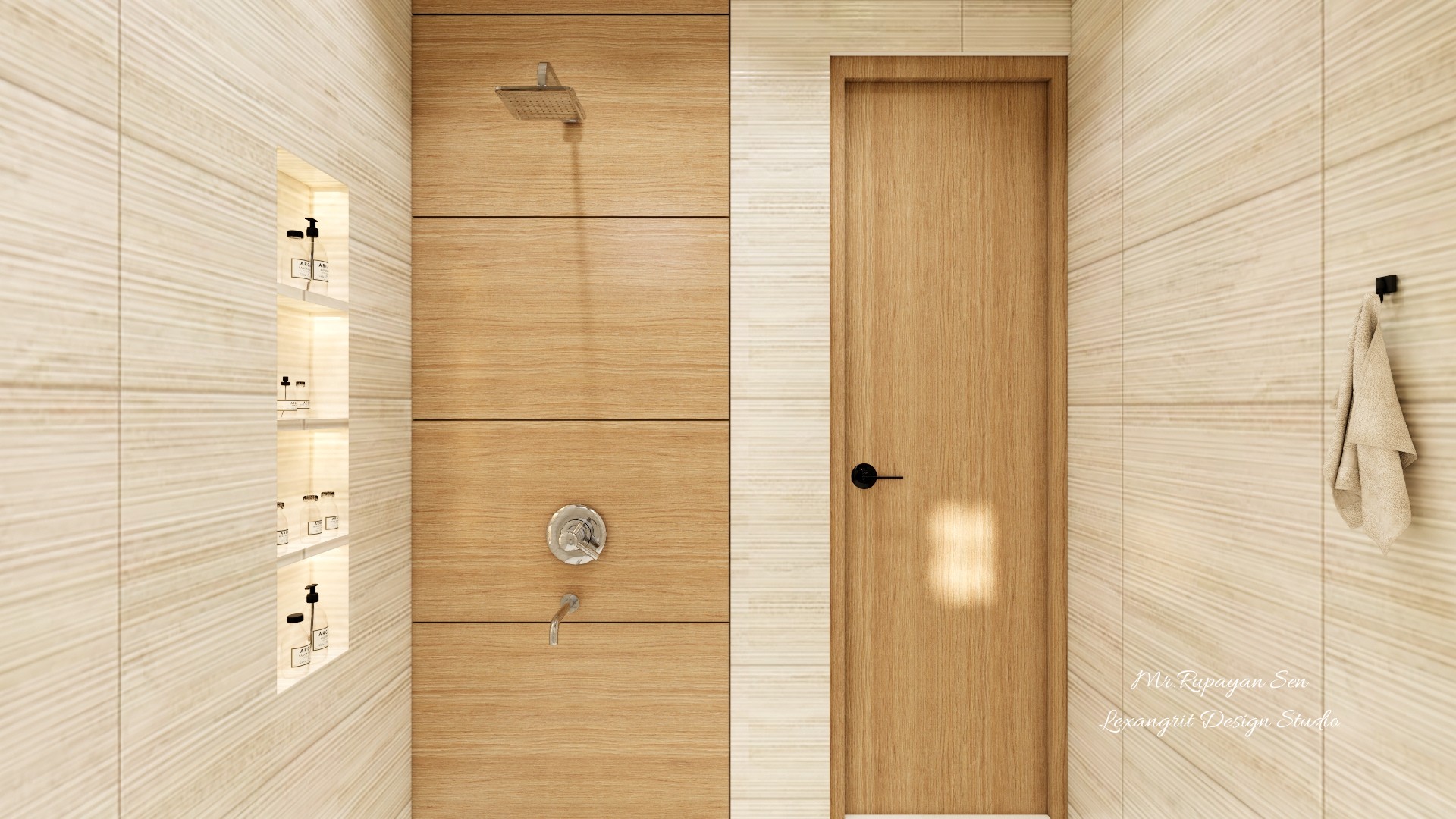 Neutral tiled shower area with a wood wall panel, recessed product niches, black fittings, and timber door.