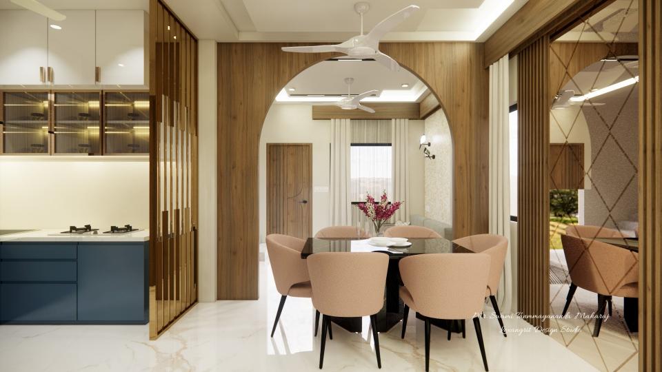 6 seatr dining area and decorative mirror wall design