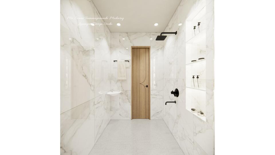 Bathroom shower area and basin unit with some open shelf storage