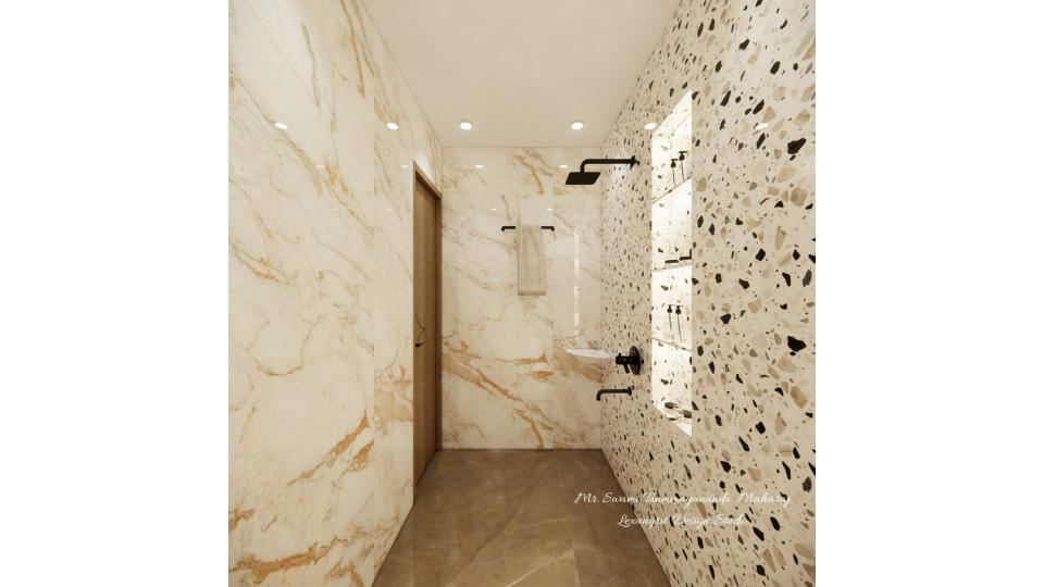 Bathrooom showing shower area and small basin