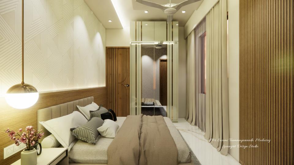 Bedroom after entrance showing luxurious bed and designing wardrobe