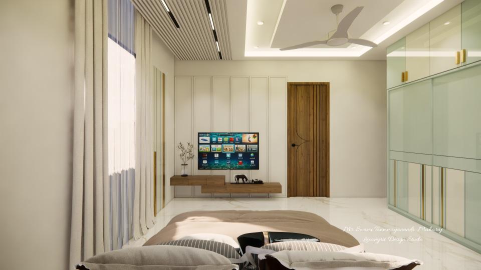 Bedroom entrance door view and showcasing sleek tv unit , decorative sliding wardrobe