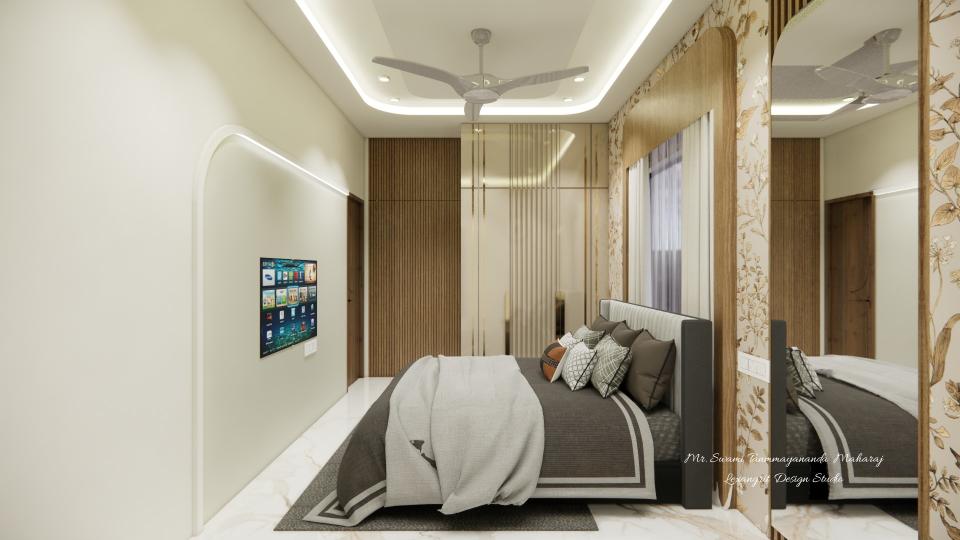 Bedroom entrance door view and showing luxurious bed , decorative wardrobe some lovers panelling design