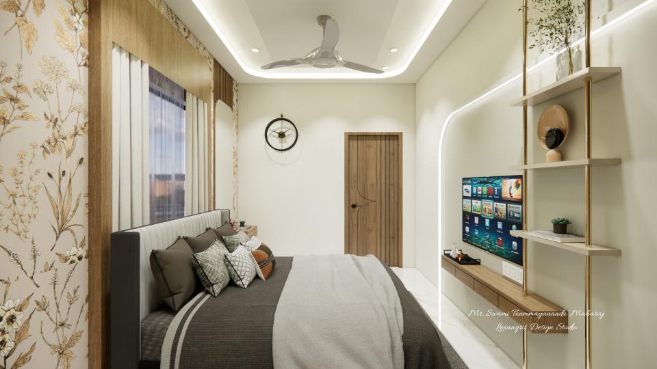 Bedroom showcasing a stylish dresser with a large mirror and decorative items against a soft-colored wall