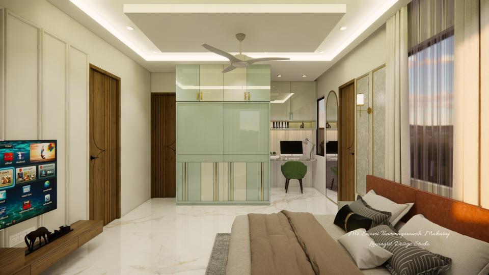 Bedroom showcasing luxury bed ,sleek tv unit  and decorative sliding wardrobe with study unit