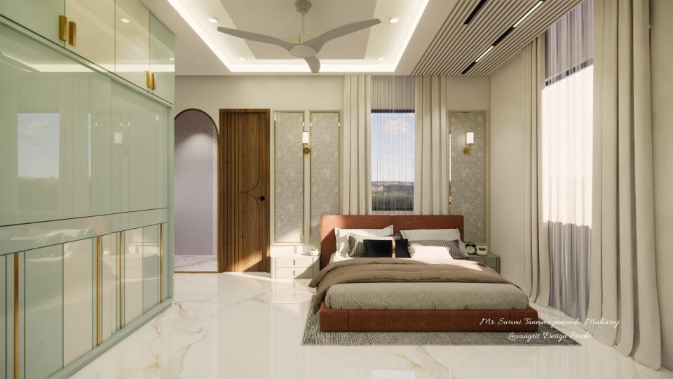 Bedroom showing luxurious bed with two side table and sliding wardrobe, large mirror