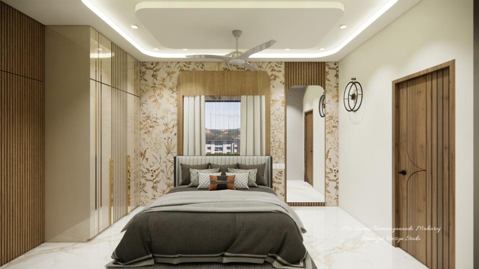 Bedroom showing luxury bed and decorative wardrobe,large mirror with louvers panelling design