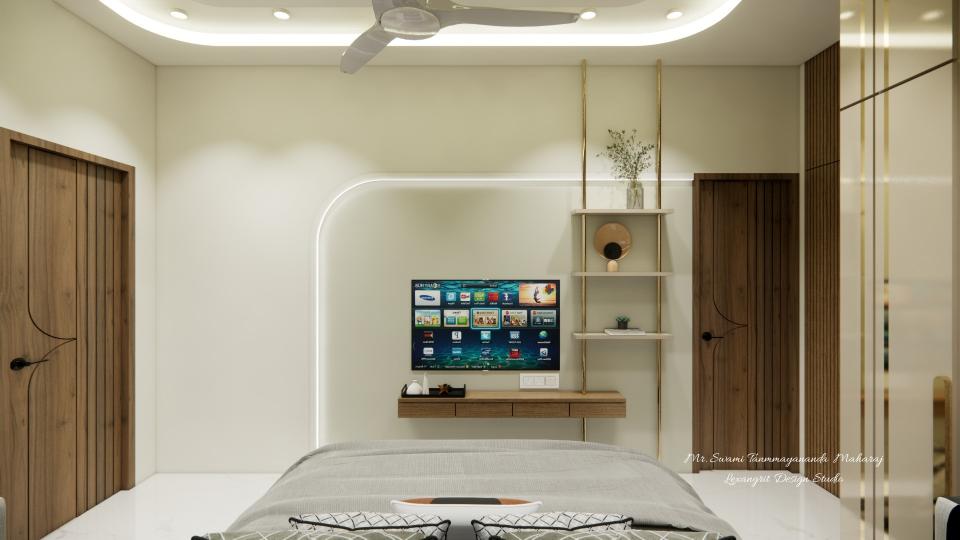 Bedroom tv unit front view and designing back wall with some open shelf storage