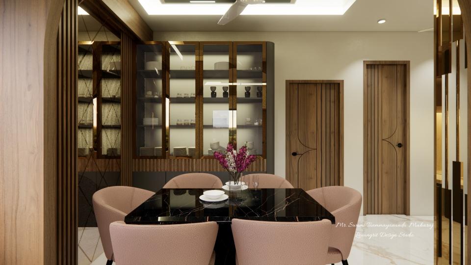 Dining area showing crockery unit with glass pallla