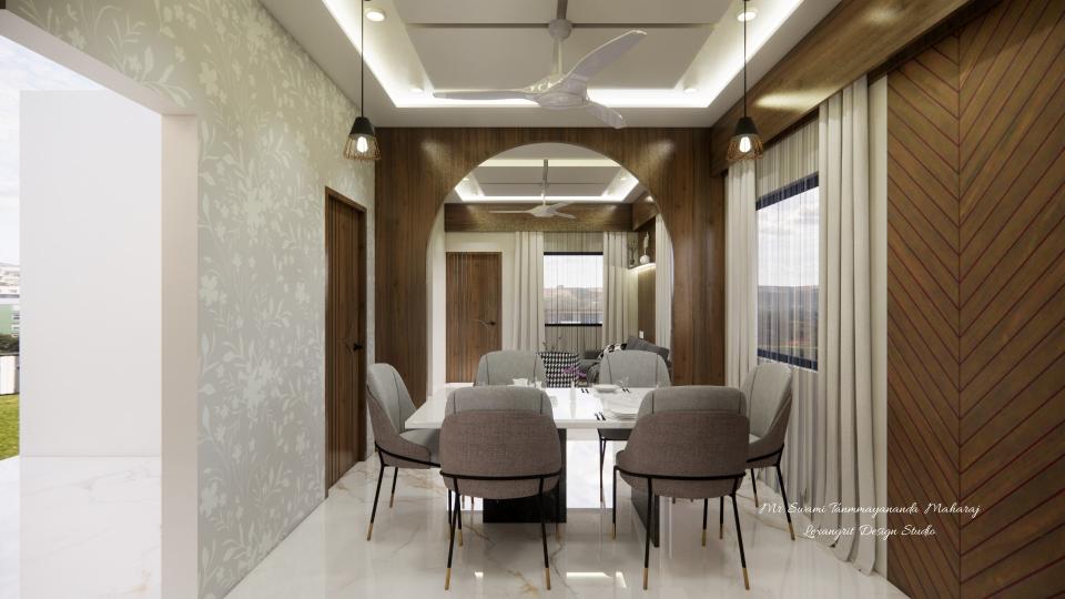Dining area to entrance area view and showing wall panelling,wooden arch  design