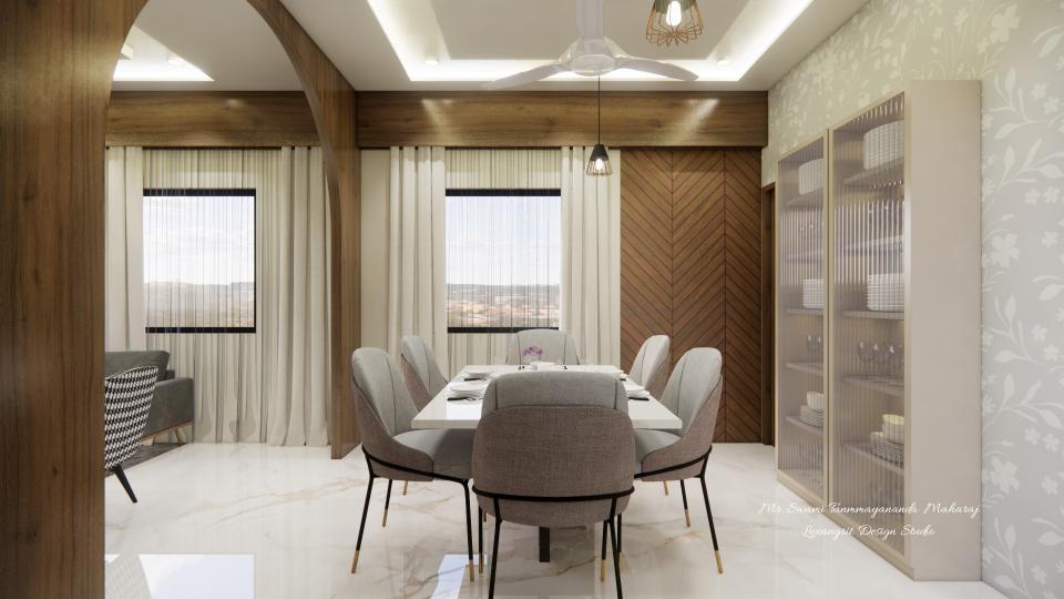 Dinning area showing window view and decorative wall paneling