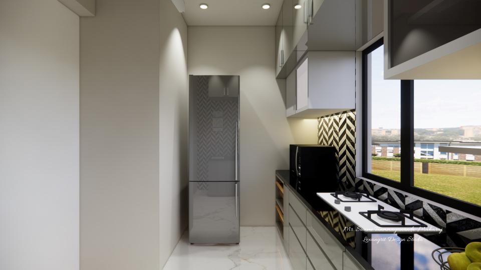 Kitchen showing appliances placement and some storage