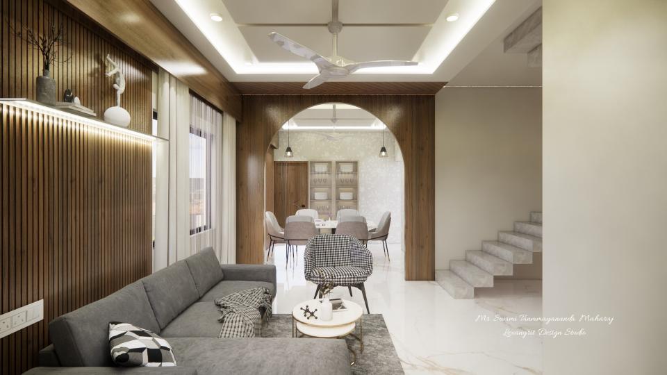 living room with l shaped sofa set with divan an single chair and 1 set 2 unit marble top with ss frame cofee table, from living to dinning sperator made of wooden arch design, left wall has wpc wooden louvers panel with a shelf to keep decorative items and full height cuirtains next to the panel