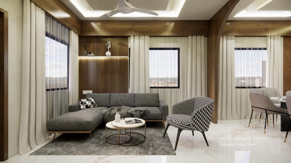Living Room luxury seating area and sofa back side louvers panelling design wall with open shelf