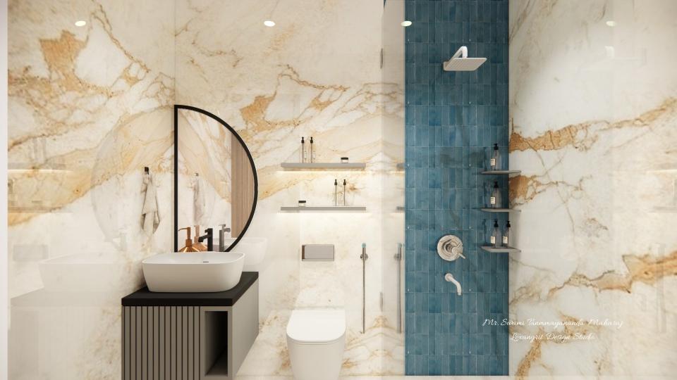 Showcasing vanity unit with half moon shape mirror and shower area ,wc area