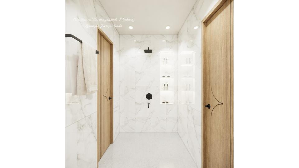 Shower area and some upen shelf storage