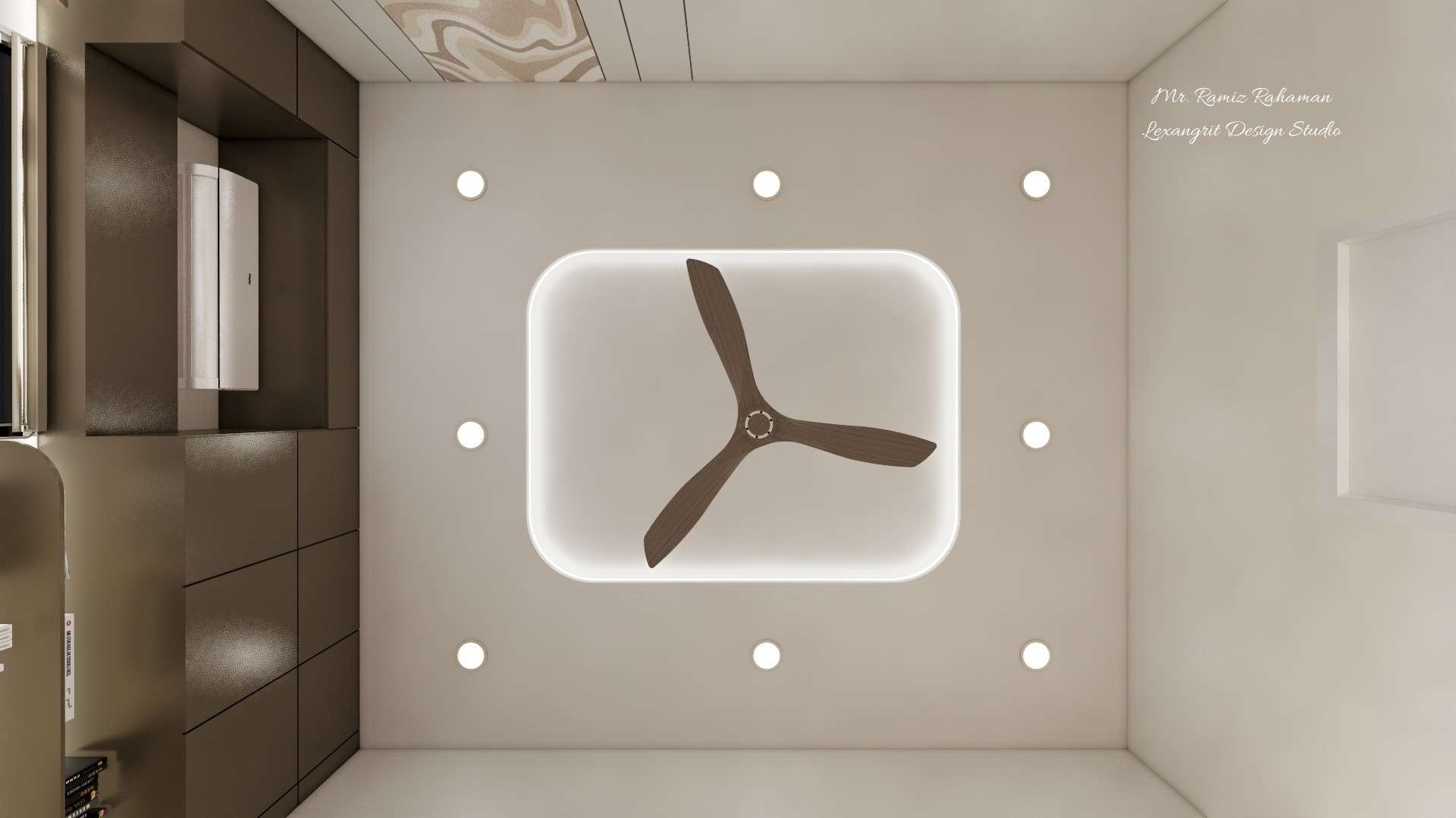 Small office ceiling design featuring a single tray false ceiling design with six panel lights and a designer fan, suitable for a 10x10 false ceiling design and modern workspace interiors.