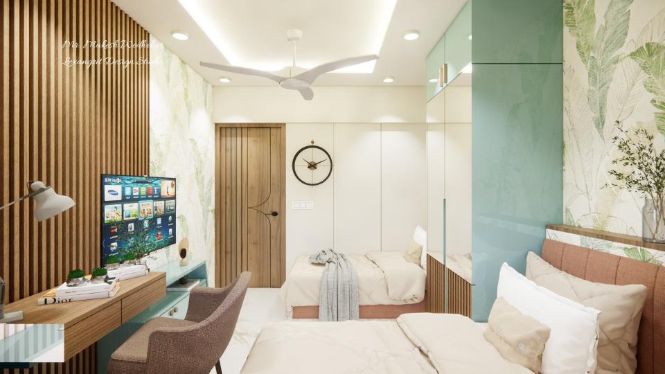 kids bedroom with left side TV unit and a study table, separate bed and separate sky and white laminated wardrobe