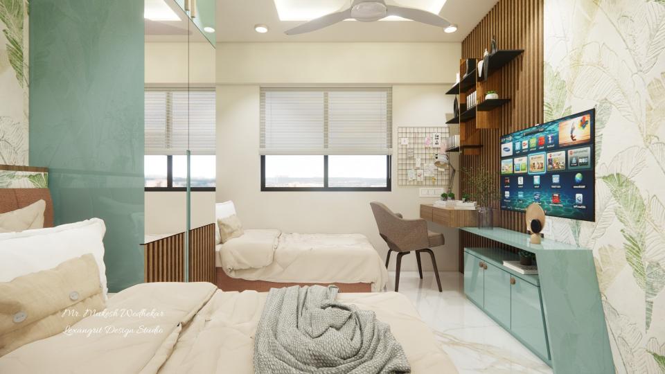 Bedroom showing 2bed and designing wardrobe,and tv unit with study unit