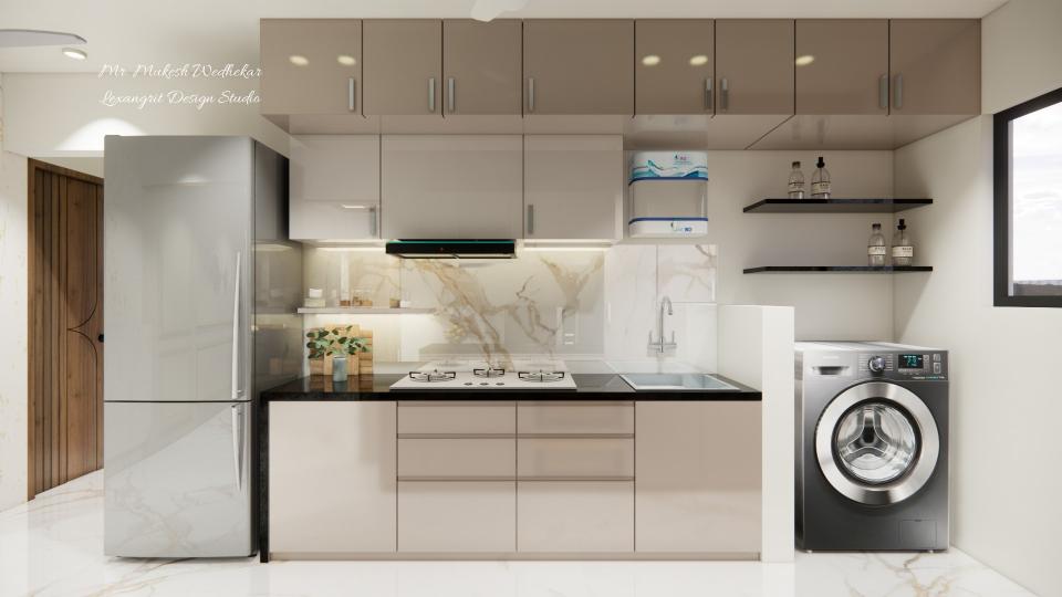 A room having both modern kitchen with glossy beige cabinets, a marble backsplash, a gas stove, and a stainless steel refrigerator, featuring a laundry integrated into the counter space on the right side with open shelving above.