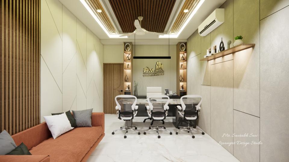 Small office back wall design with white louvers, open shelf vertical boxes and console table — a clean and modern office chair back wall design.