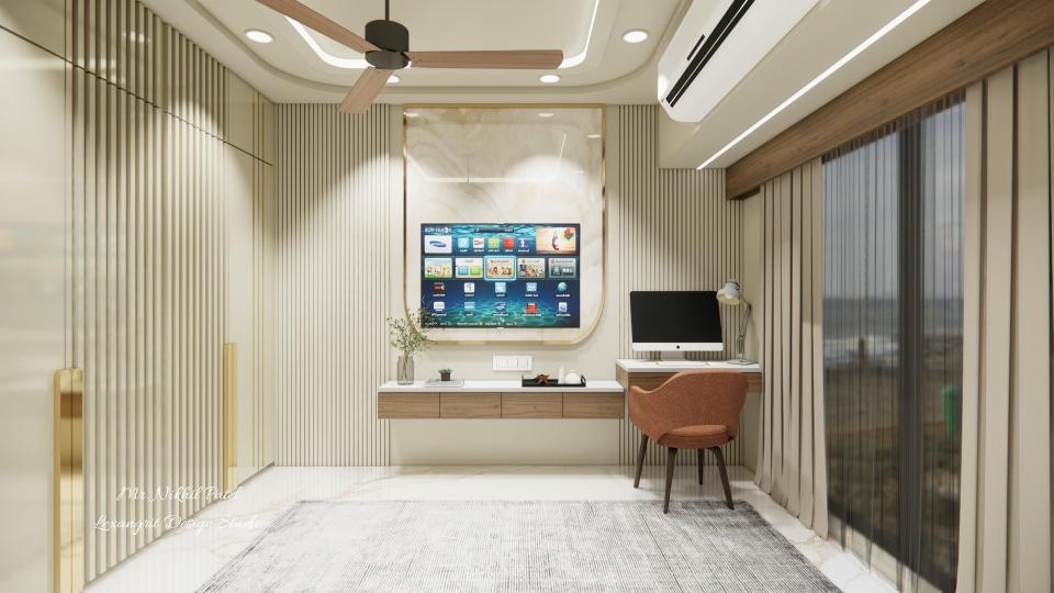 Beautiful sober TV unit design with marble finish laminate and duco painted panel and study unit