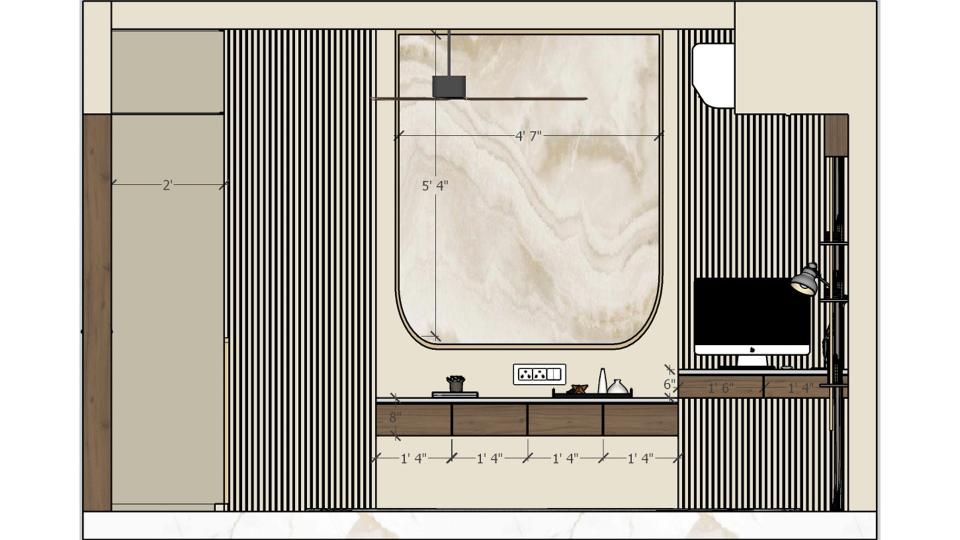 Beautiful sober TV unit design with marble finish laminate and duco painted panel and study unit Working drawing 2D